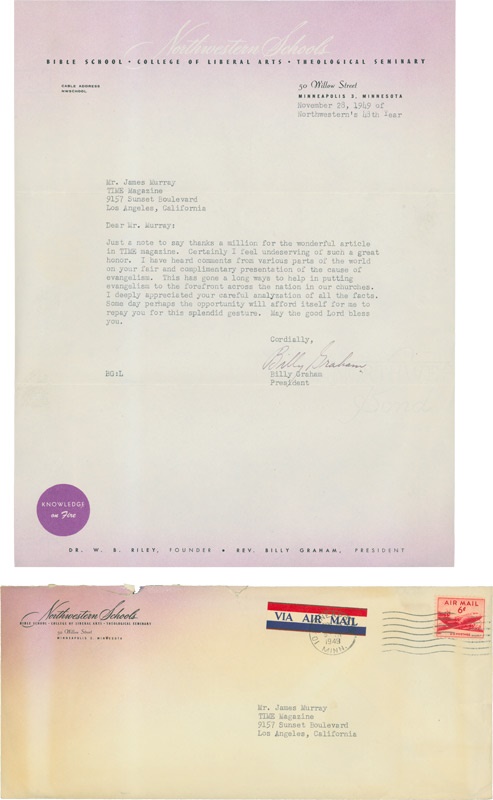 Jim Murray Letter Collection - Reverend Billy Graham Signed Letter Regarding Column on Evangelism with Original Envelope