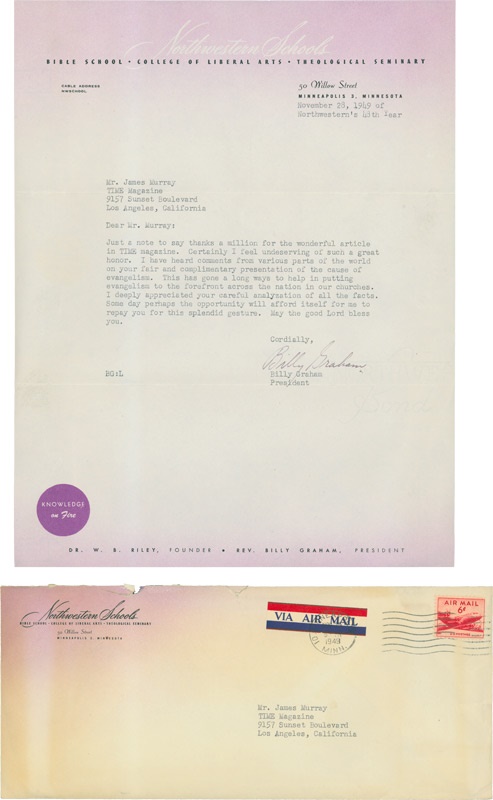 Reverend Billy Graham Signed Letter Regarding Column on Evangelism with Original Envelope