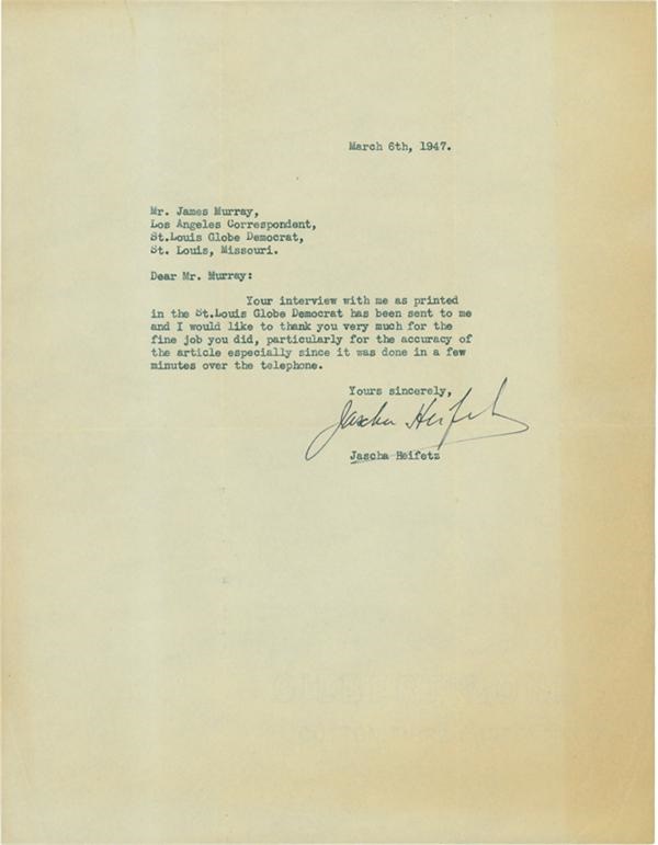 Jim Murray Letter Collection - Jascha Heifetz Signed Letter with Interview Content