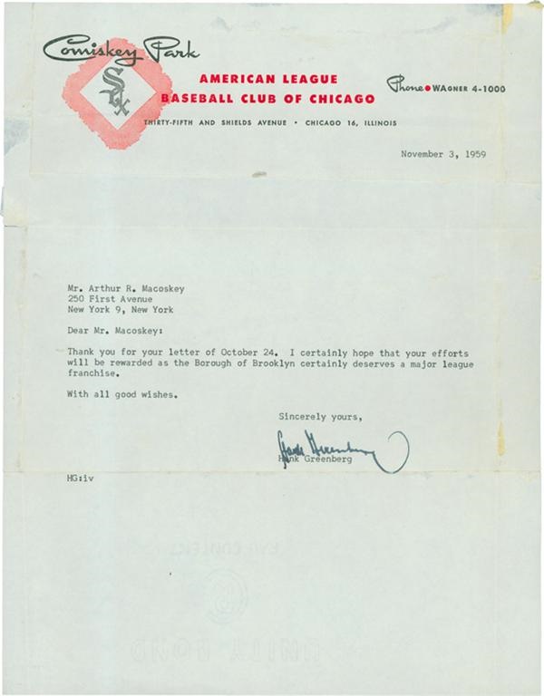 Hank Greenberg Signed Letter with Brooklyn Dodger Content