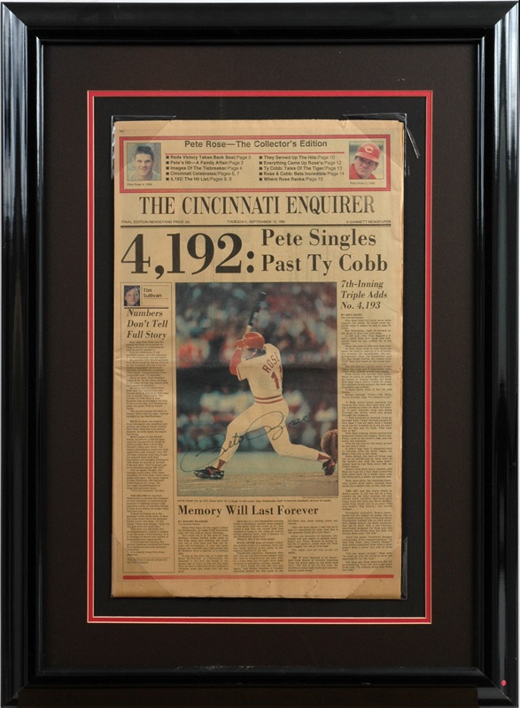 Lot - Pete Rose Autographed & Framed Cincinnati Enquirer 4192 Hits