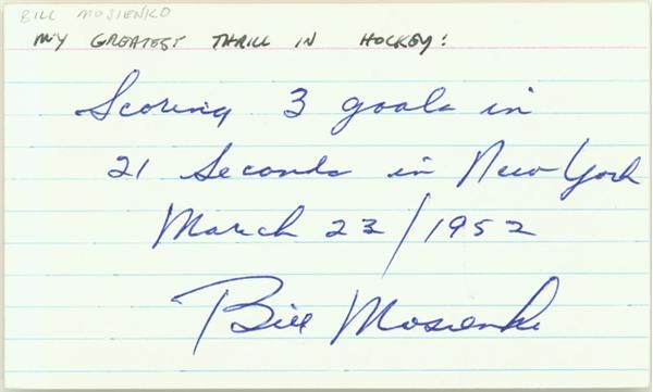 Bill Mosienko Signed 3 x 5 Index Card