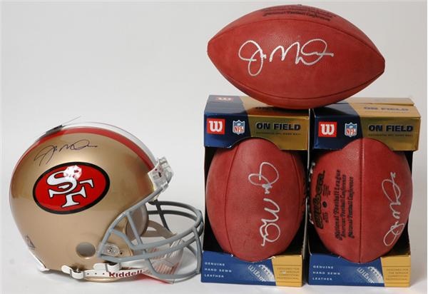 Joe Montana Autograph Collection Of Four-Helmet & 3 Footballs