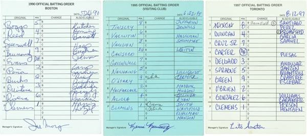 Memorabilia - Three Roger Clemens Career Victories #102-184-210 Managers Lineup Cards From Clemens