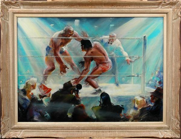 Memorabilia - Spectacular 1950s Wrestling Painting with the Swedish Angel