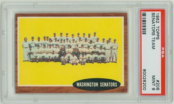 Cards - 1962 Topps #206 Senators Team PSA 9