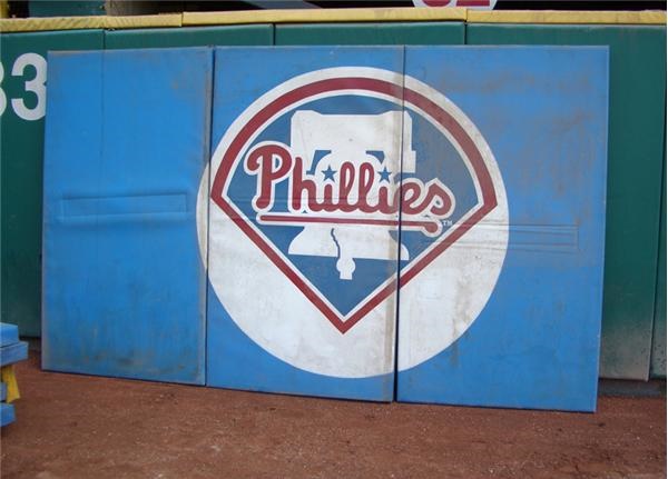 Stadium Artifacts - Two Blue Outfield Wall Pads With Phillies Logo