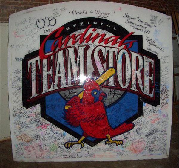 Stadium Artifacts - St. Louis Cardinals Team Store Sign Covered in Farewell Grafitti.