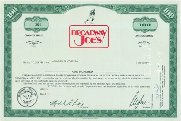 Football - Joe Namath Stock Certificate Signed by Howard Cosell