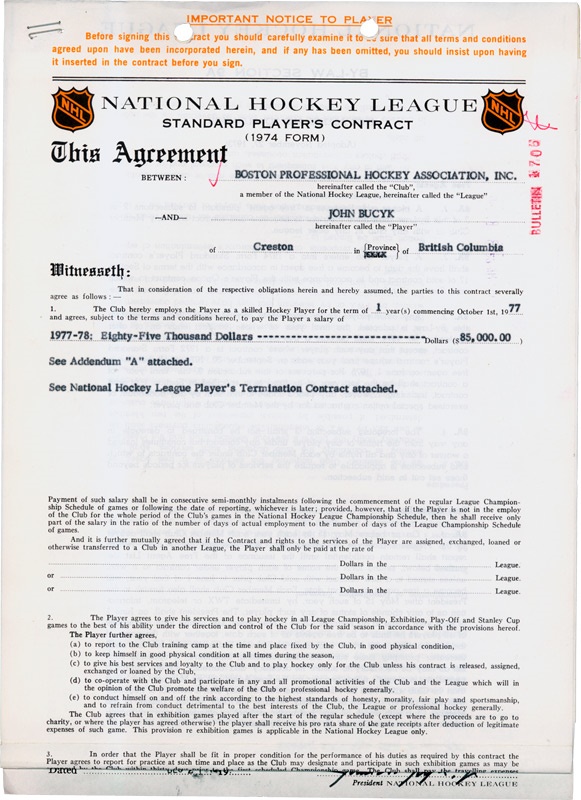 Hockey Autographs - Johnny Bucyk’s 1977-78 Boston Bruins Player’s Contract And Termination Agreement