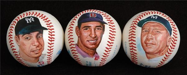 Baseball Autographs - Joe DiMaggio, Ted Williams and Mickey Mantle Single Signed Baseballs Hand Painted by Erwin Sadler