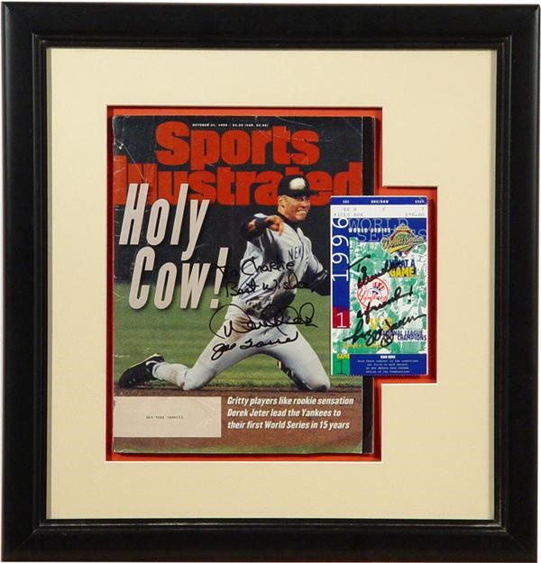 NY Yankees, Giants & Mets - Derek Jeter 1996 Sports Illustrated And World Series Tickets Signed To Charlie Sheen