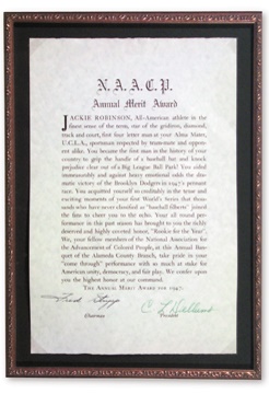 Jackie Robinson - 1947 Jackie Robinson N.A.A.C.P. Annual Merit Award (23x26" framed)