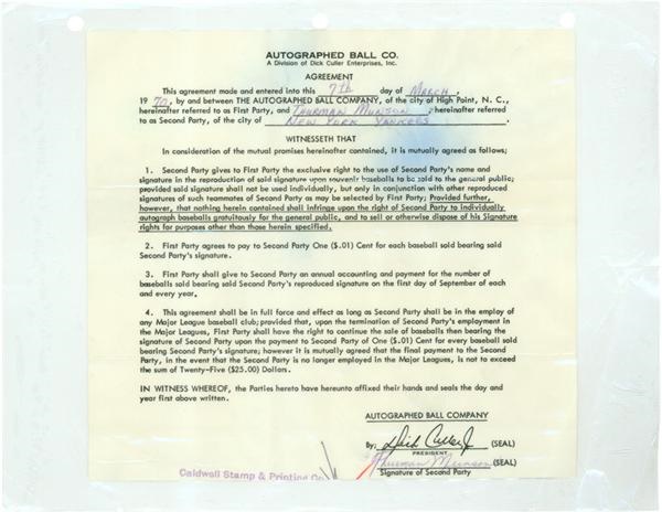 NY Yankees, Giants & Mets - 1970 Thurman Munson Vintage Signed  Autoball Contract