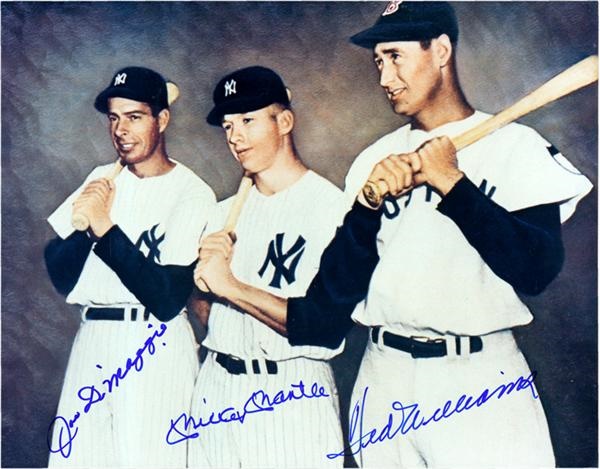 Baseball Autographs - Rare Color Photograph Autographed By Joe DiMaggio, Mickey Mantle And Ted Williams