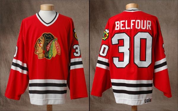 Hockey Sweaters - 1995-96 Ed Belfour Game Worn Black Hawks Jersey