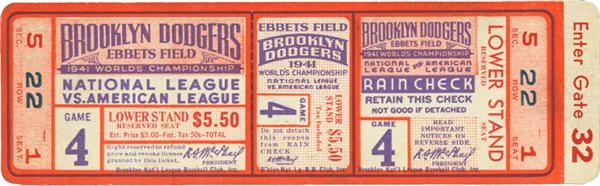 Unused Mickey Owen Game 1941 World Series Ticket