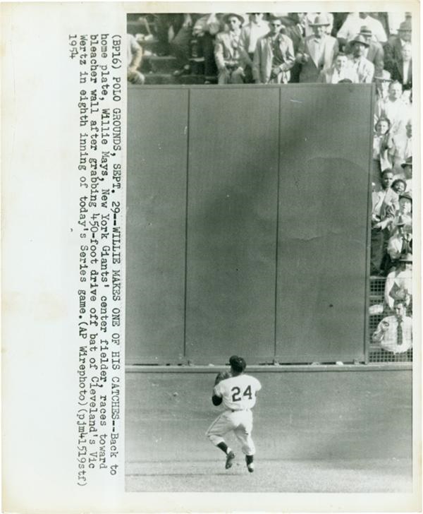 Baseball Photographs - Willie Mays “The Catch” Wire Photo
