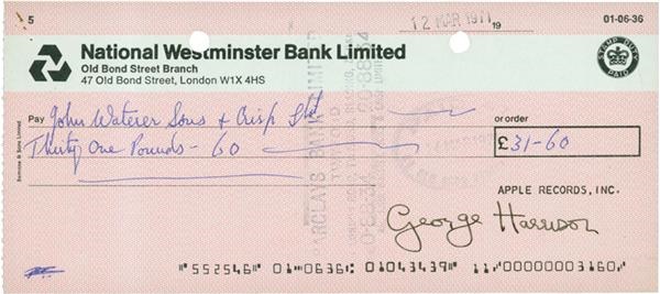 The Beatles - George Harrison Signed Check