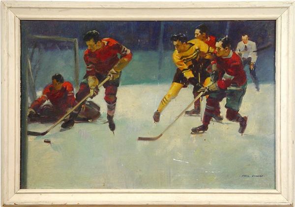 Hockey Memorabilia - Important 1930’s Hockey Oil On Canvas By Phil Lyford