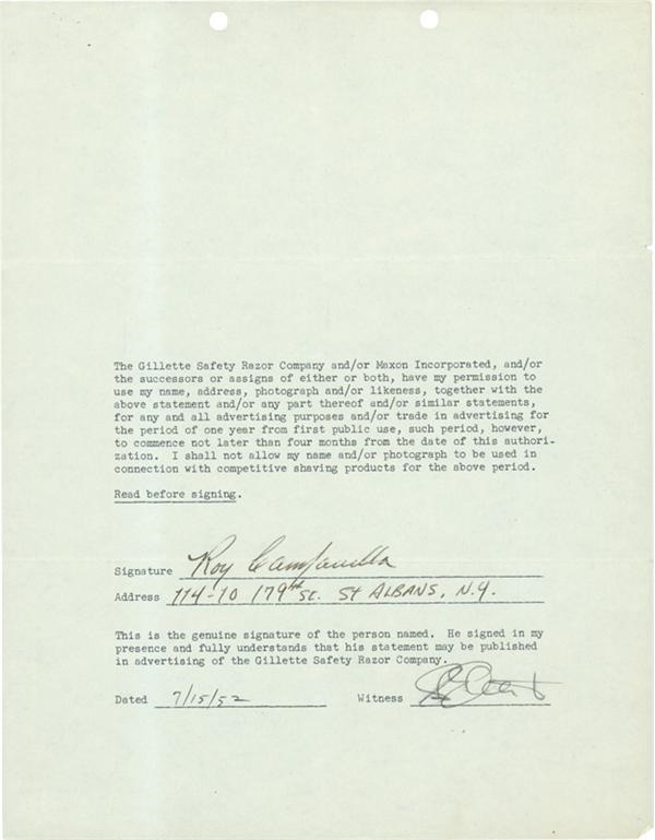 1952 Roy Campanella Signed Gillette Contract