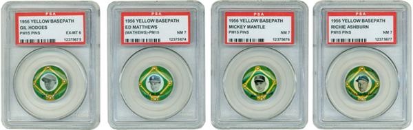 Ernie Davis - Collection Of (4) 1956 Yellow Base Path Pins With Mantle PSA 7 NM