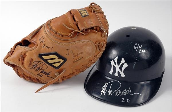 NY Yankees, Giants & Mets - 2001 Jorge Posada Game Worn And Signed Catcher’s Mitt And Helmet