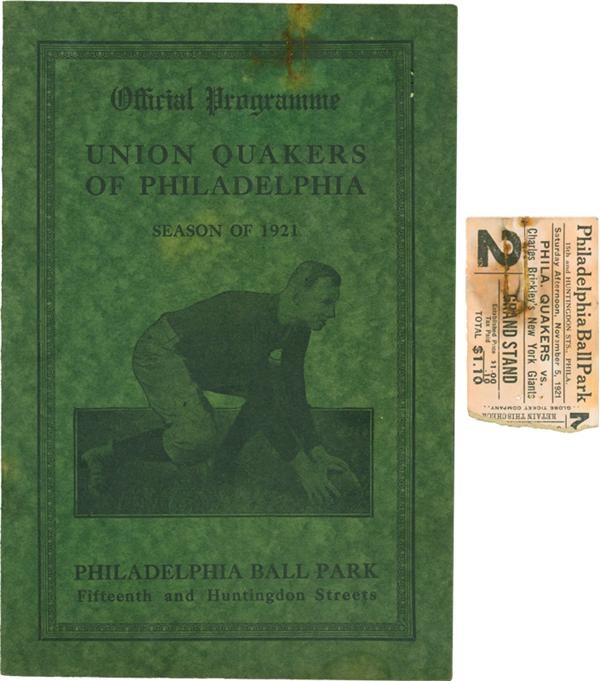 Football - 1921 Union Quakers Program And Ticket Stub