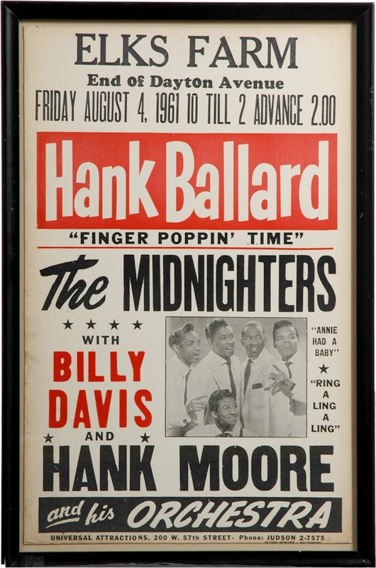 Rock Memorabilia - 1961 Concert Poster Hank Ballard, 
The Midnighters With Billy Davis, Hank Moore
