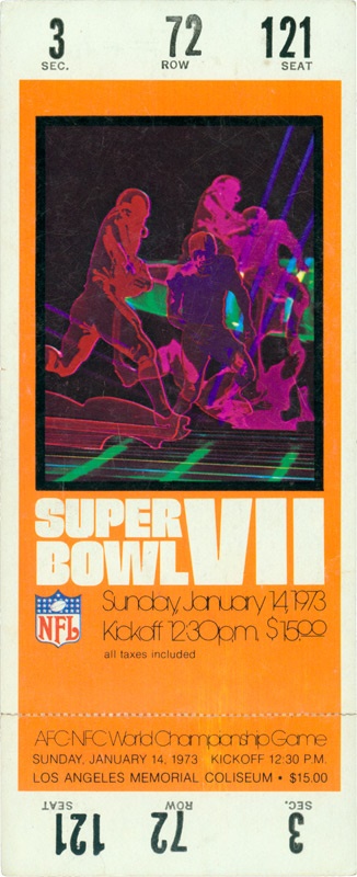 Football - Only “Perfect” NFL Season 
Super Bowl VII Full Ticket From 
Miami Dolphins Undefeated, 
Untied 1972 Season