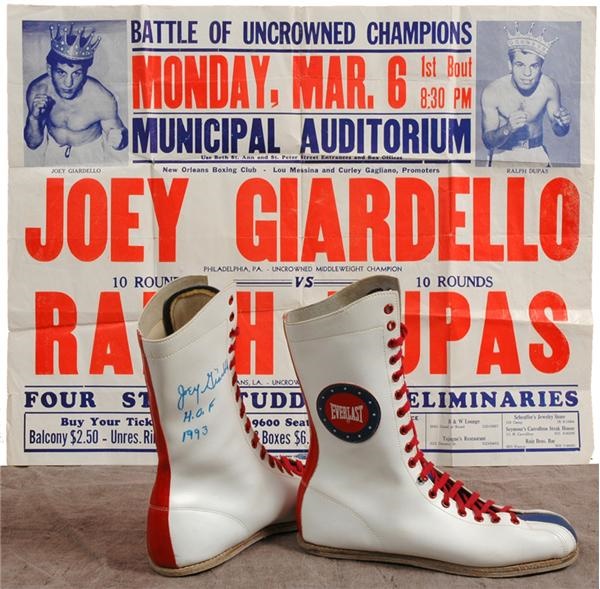 Muhammad Ali & Boxing - Joey Giardello Vs. Ralph Dupas On Site Fight Poster With Giardello Signed Shoes
