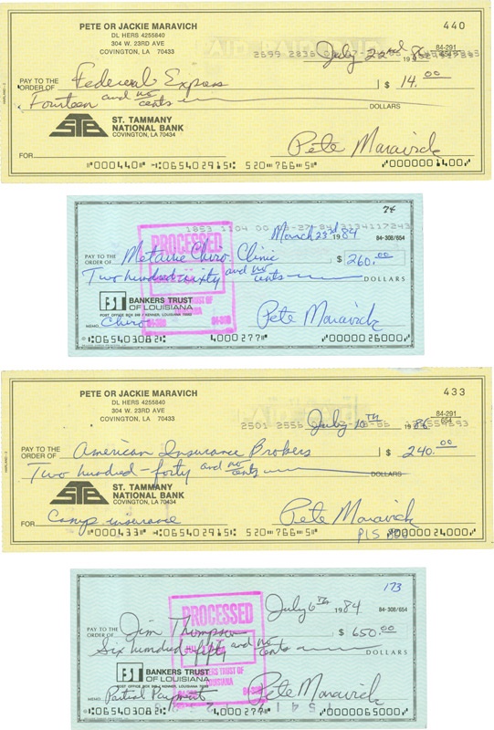 Pete Maravich Signed Checks (4)
