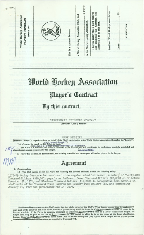 Hockey Autographs - 1978-79 Mark Messier WHA Cincinnati Stingers Contract