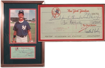 NY Yankees, Giants & Mets - 1987 Don Mattingly Signed Yankee Payroll Check (13x20" framed)