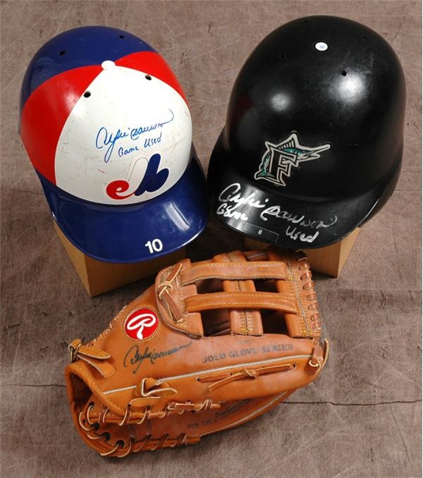 Baseball Equipment - Andre Dawson Two Game Worn Batting Helmets & Game Used Glove (3)