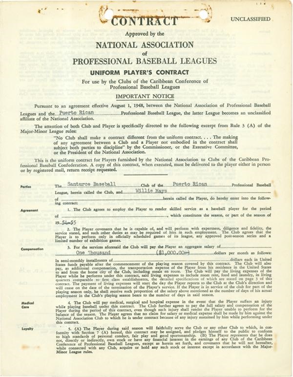 Baseball Memorabilia - Willie Mays Puerto Rican Contract