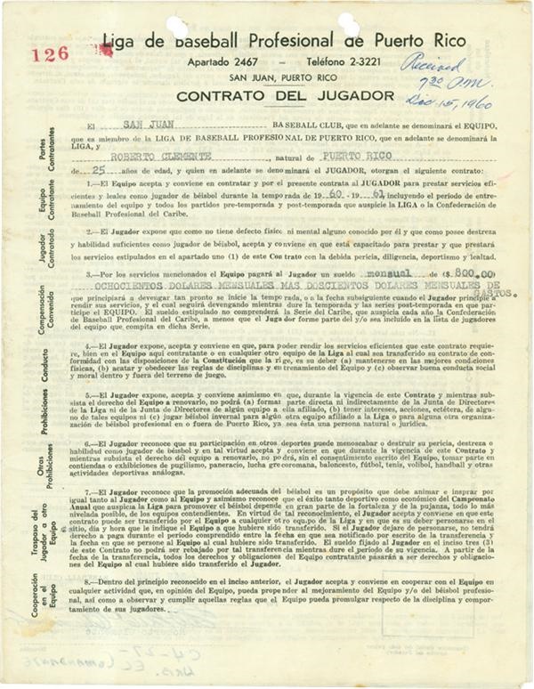 Clemente and Pittsburgh Pirates - 1960 Roberto Clemente Puerto Rican Contract