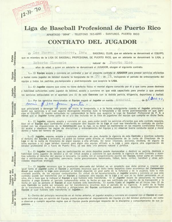 Clemente and Pittsburgh Pirates - 1971 Roberto Clemente Puerto Rican Contract