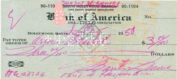 Americana Autographs - 1950 Marilyn Monroe Signed Bank Check