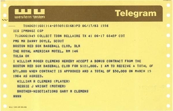 Boston Sports - 1983 Roger Clemens Telegram to Boston Red Sox, Accepting Contract