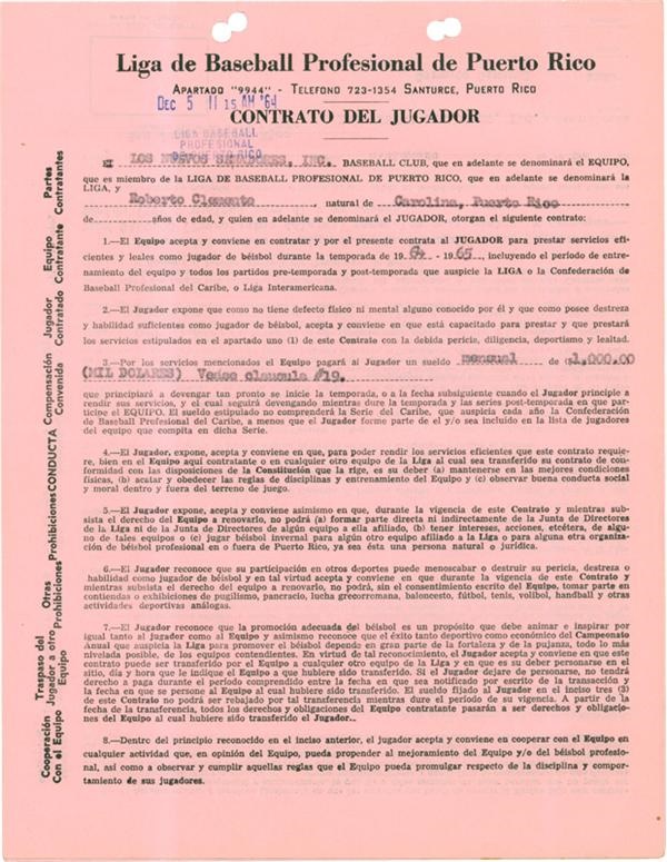 Clemente and Pittsburgh Pirates - Roberto Clemente Santurce Contract Dec 5, 1964