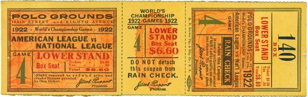 - 1922 World Series Unused Full Ticket