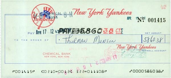 1975 Thurman Munson Signed Yankees Payroll Check
