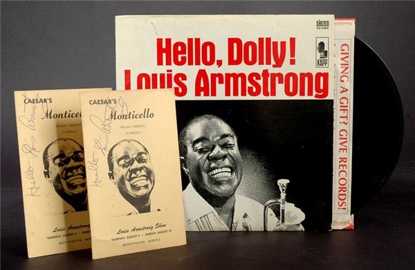 Americana Autographs - Louis Armstrong Signatures on Record Album (1) and  Menus (2)