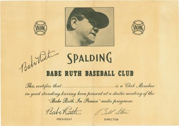 Babe Ruth - Babe Ruth Signed Spalding Baseball Club Membership Certificate
