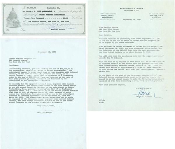 Americana Autographs - Signed Marilyn Monroe Promissory Note and Related Correspondence