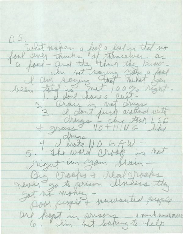 Americana Autographs - Charles Manson Four Page Handwritten Signed Letter