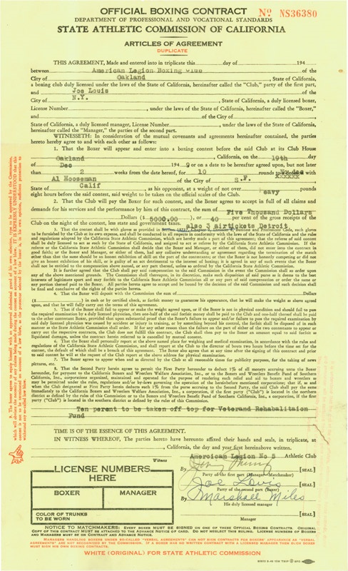 - 1949 Joe Louis Signed Boxing Contract