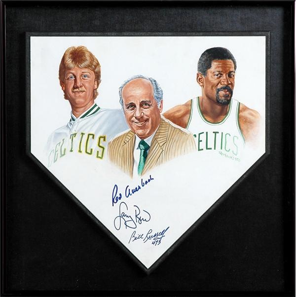 - Original Signed Painting by Ron Lewis of Larry Bird, Red Auerbach and Bill Russell