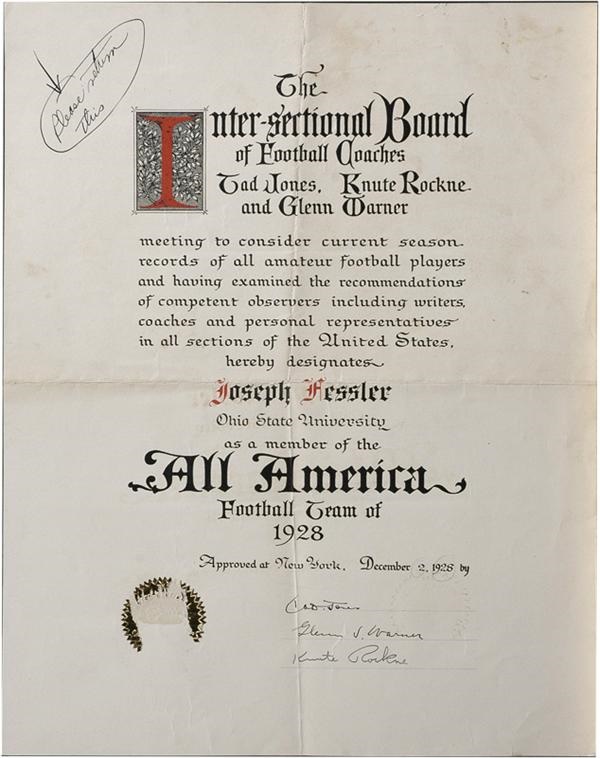 - 1928 All-America Football Certificate Signed by Rockne, Jones & Warner